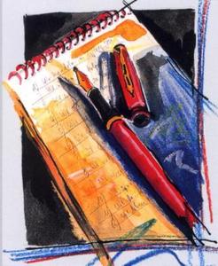 Ein roter Füllfederhalter mit Goldfeder ruht auf einem spiralgebundenen Notizbuch, begleitet von einem schwarzen Stift und einem abstrakten Hintergrund in Blau und Weiß.