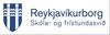 Das Logo von Reykjavikurborg Skola-og fristundasvið zeigt ein Schild mit einem Zickzackmuster und dem Text "Reykjavikurborg Skola-og fristundasvið" auf weißem Hintergrund.